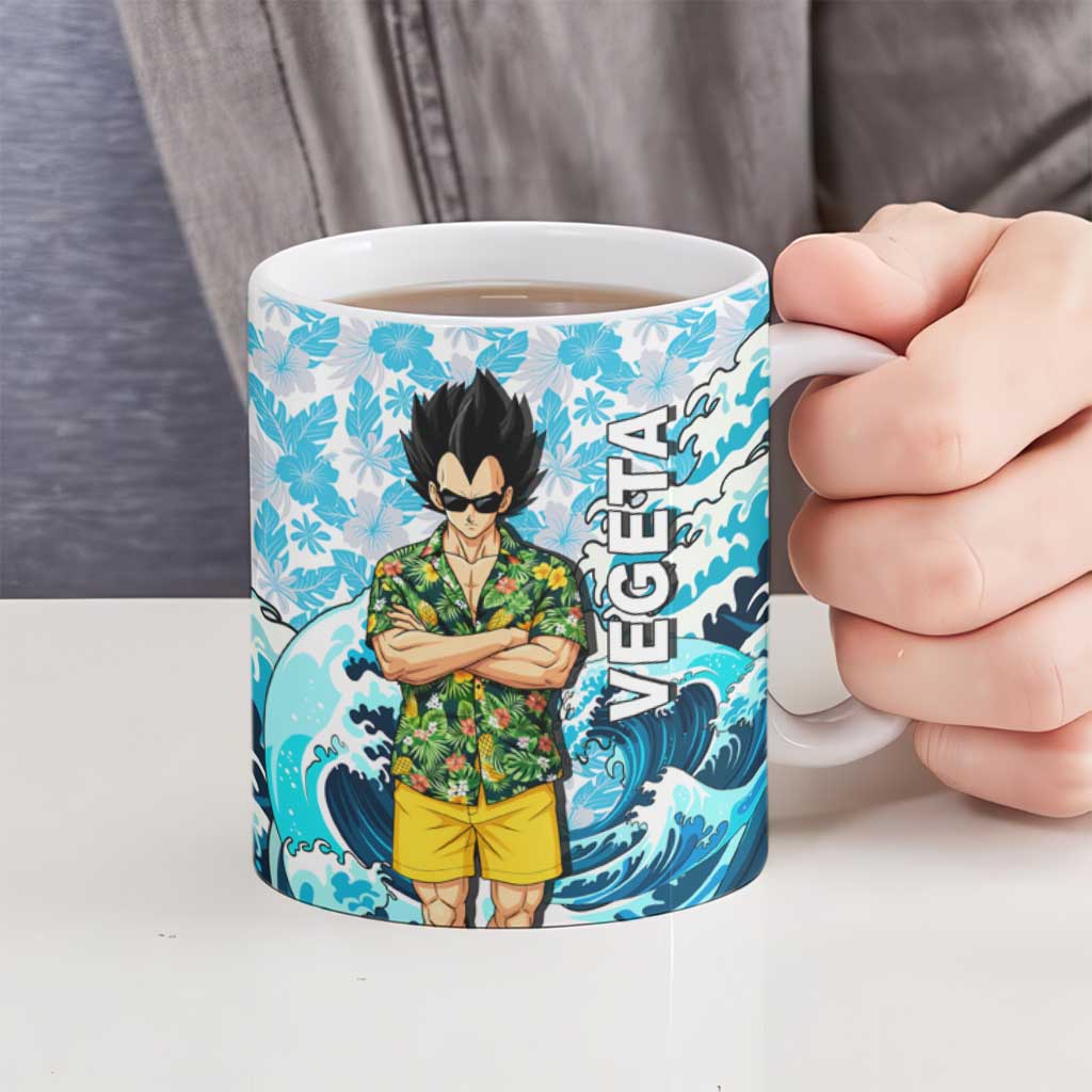 Vegeta Dragon Ball Summer Theme Ceramic Mug with Hawaiian Shirt Sunglasses Shenron and Ocean Wave Background - The Mazicc