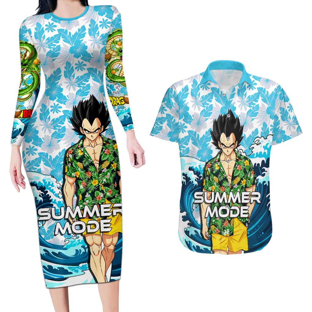Vegeta Dragon Ball Summer Theme Couples Matching Long Sleeve Bodycon Dress and Hawaiian Shirt with Hawaiian Shirt Sunglasses Shenron and Ocean Wave Background - The Mazicc