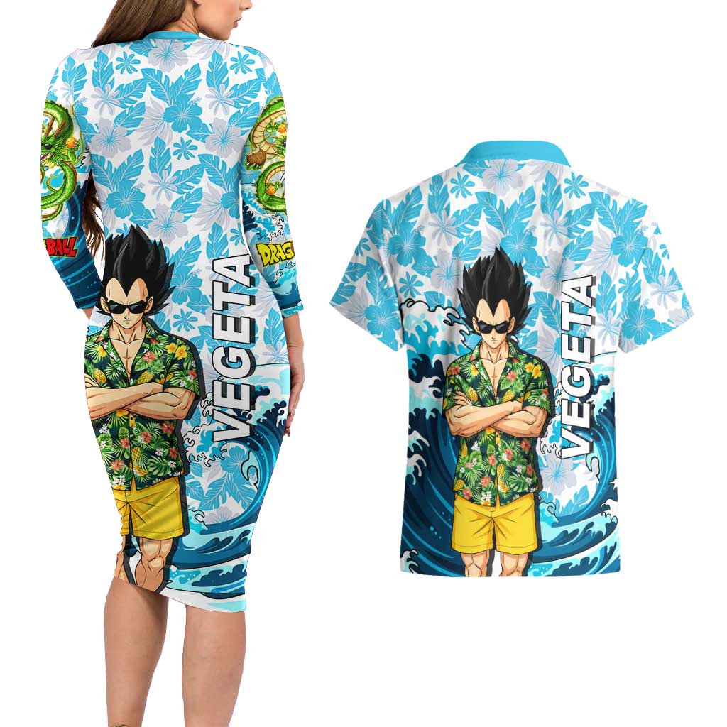 Vegeta Dragon Ball Summer Theme Couples Matching Long Sleeve Bodycon Dress and Hawaiian Shirt with Hawaiian Shirt Sunglasses Shenron and Ocean Wave Background - The Mazicc