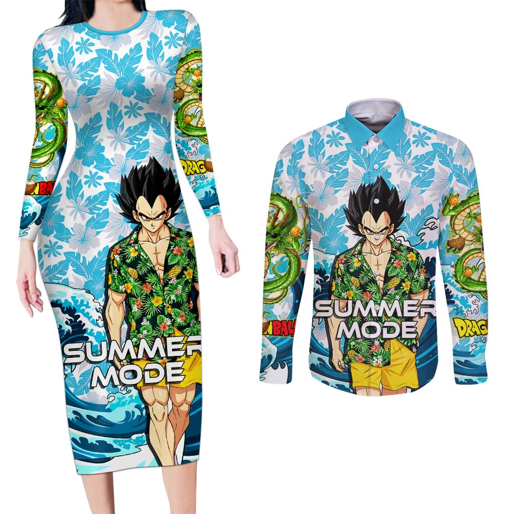 Vegeta Dragon Ball Summer Theme Couples Matching Long Sleeve Bodycon Dress and Long Sleeve Button Shirt with Hawaiian Shirt Sunglasses Shenron and Ocean Wave Background - The Mazicc