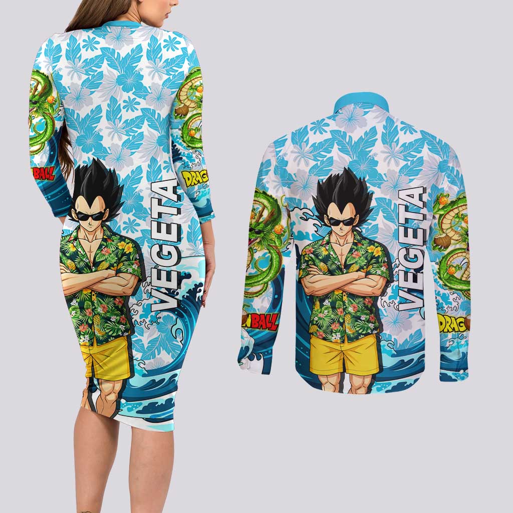 Vegeta Dragon Ball Summer Theme Couples Matching Long Sleeve Bodycon Dress and Long Sleeve Button Shirt with Hawaiian Shirt Sunglasses Shenron and Ocean Wave Background - The Mazicc