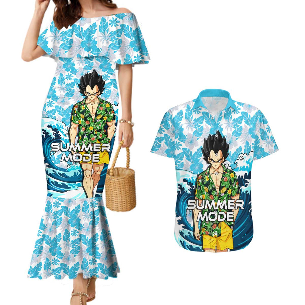 Vegeta Dragon Ball Summer Theme Couples Matching Mermaid Dress and Hawaiian Shirt with Hawaiian Shirt Sunglasses Shenron and Ocean Wave Background - The Mazicc