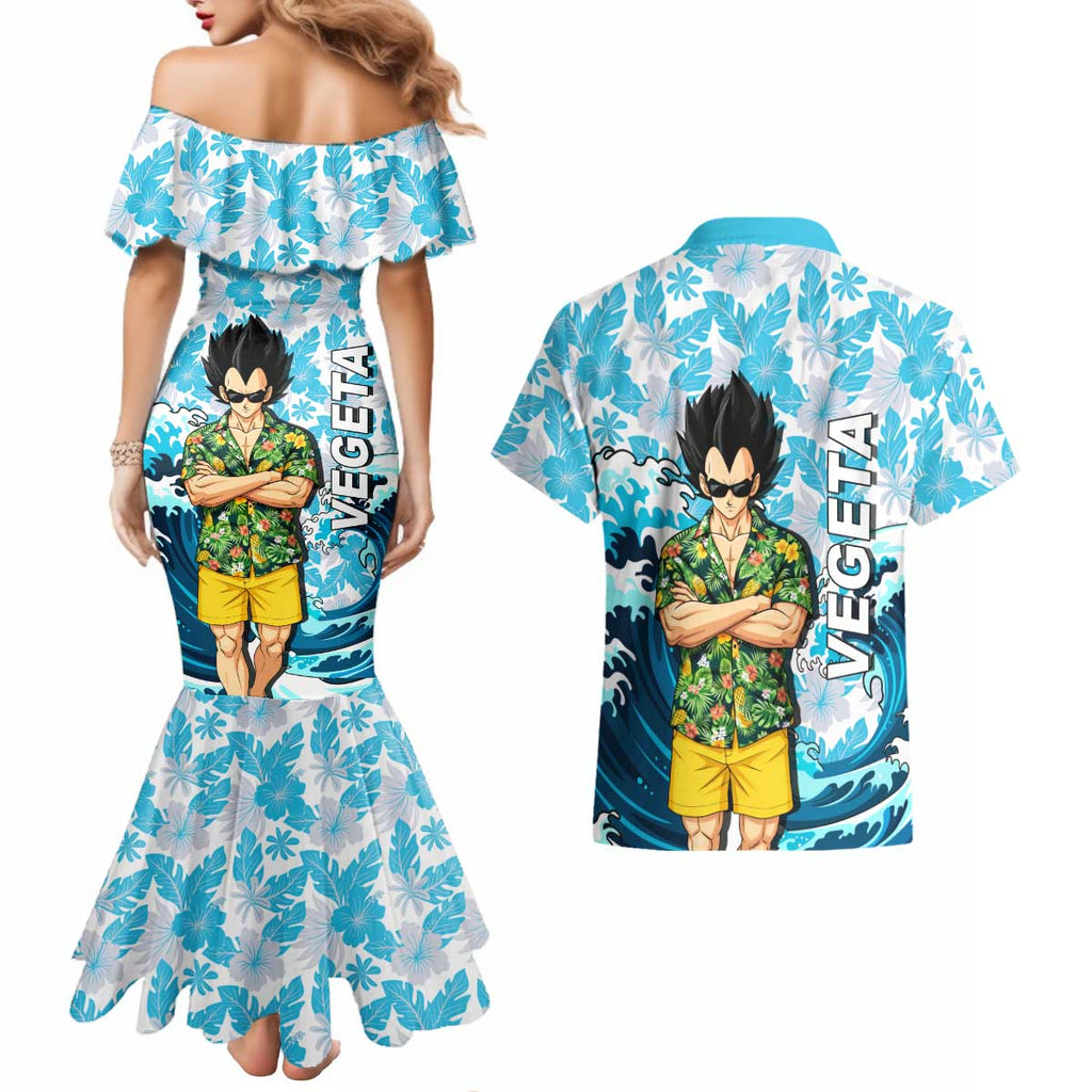 Vegeta Dragon Ball Summer Theme Couples Matching Mermaid Dress and Hawaiian Shirt with Hawaiian Shirt Sunglasses Shenron and Ocean Wave Background - The Mazicc