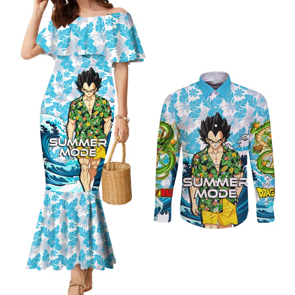 Vegeta Dragon Ball Summer Theme Couples Matching Mermaid Dress and Long Sleeve Button Shirt with Hawaiian Shirt Sunglasses Shenron and Ocean Wave Background - The Mazicc
