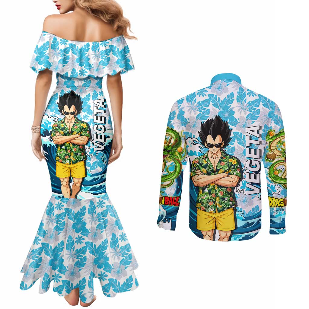 Vegeta Dragon Ball Summer Theme Couples Matching Mermaid Dress and Long Sleeve Button Shirt with Hawaiian Shirt Sunglasses Shenron and Ocean Wave Background - The Mazicc