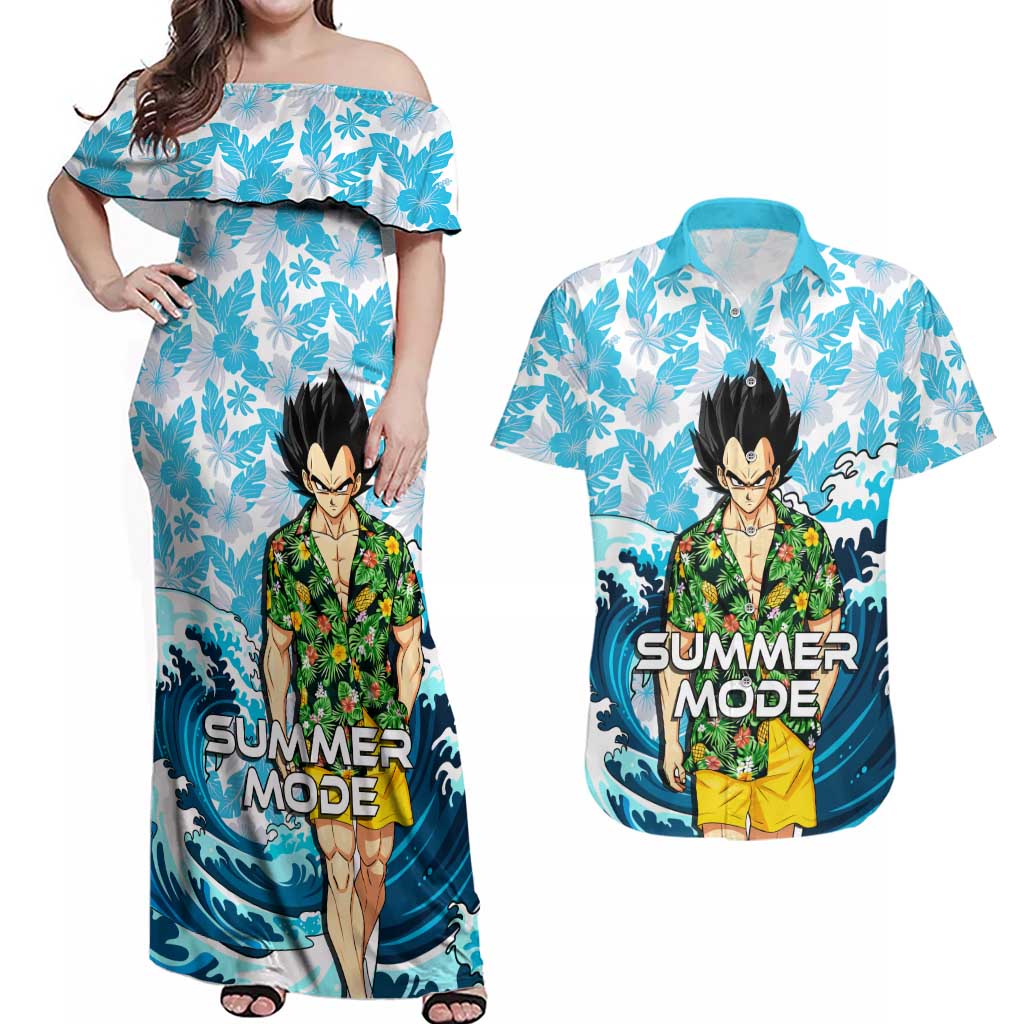 Vegeta Dragon Ball Summer Theme Couples Matching Off Shoulder Maxi Dress and Hawaiian Shirt with Hawaiian Shirt Sunglasses Shenron and Ocean Wave Background - The Mazicc