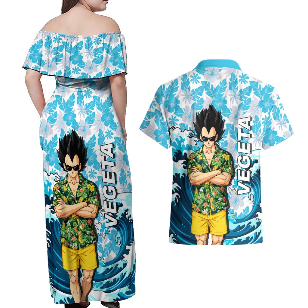 Vegeta Dragon Ball Summer Theme Couples Matching Off Shoulder Maxi Dress and Hawaiian Shirt with Hawaiian Shirt Sunglasses Shenron and Ocean Wave Background - The Mazicc