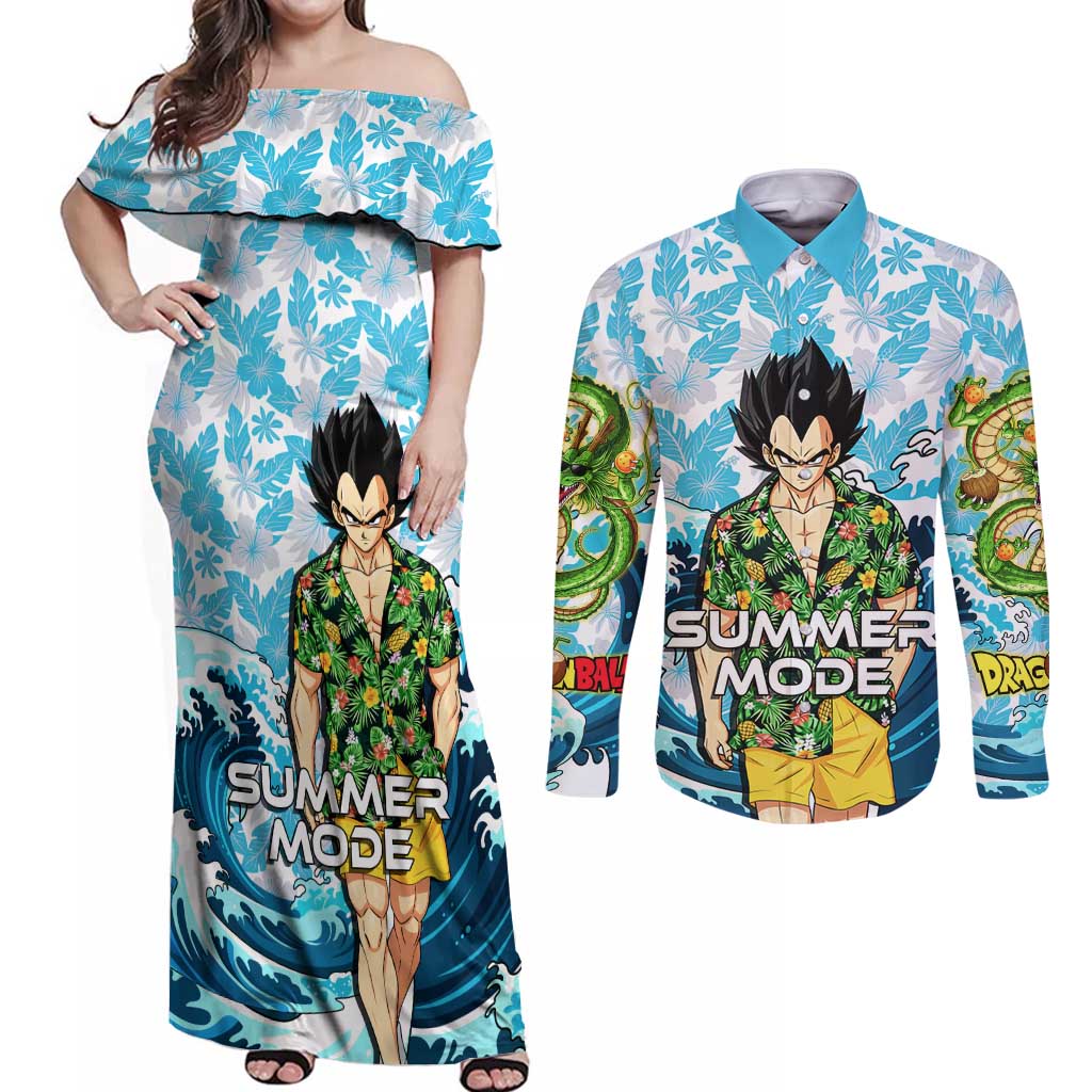 Vegeta Dragon Ball Summer Theme Couples Matching Off Shoulder Maxi Dress and Long Sleeve Button Shirt with Hawaiian Shirt Sunglasses Shenron and Ocean Wave Background - The Mazicc