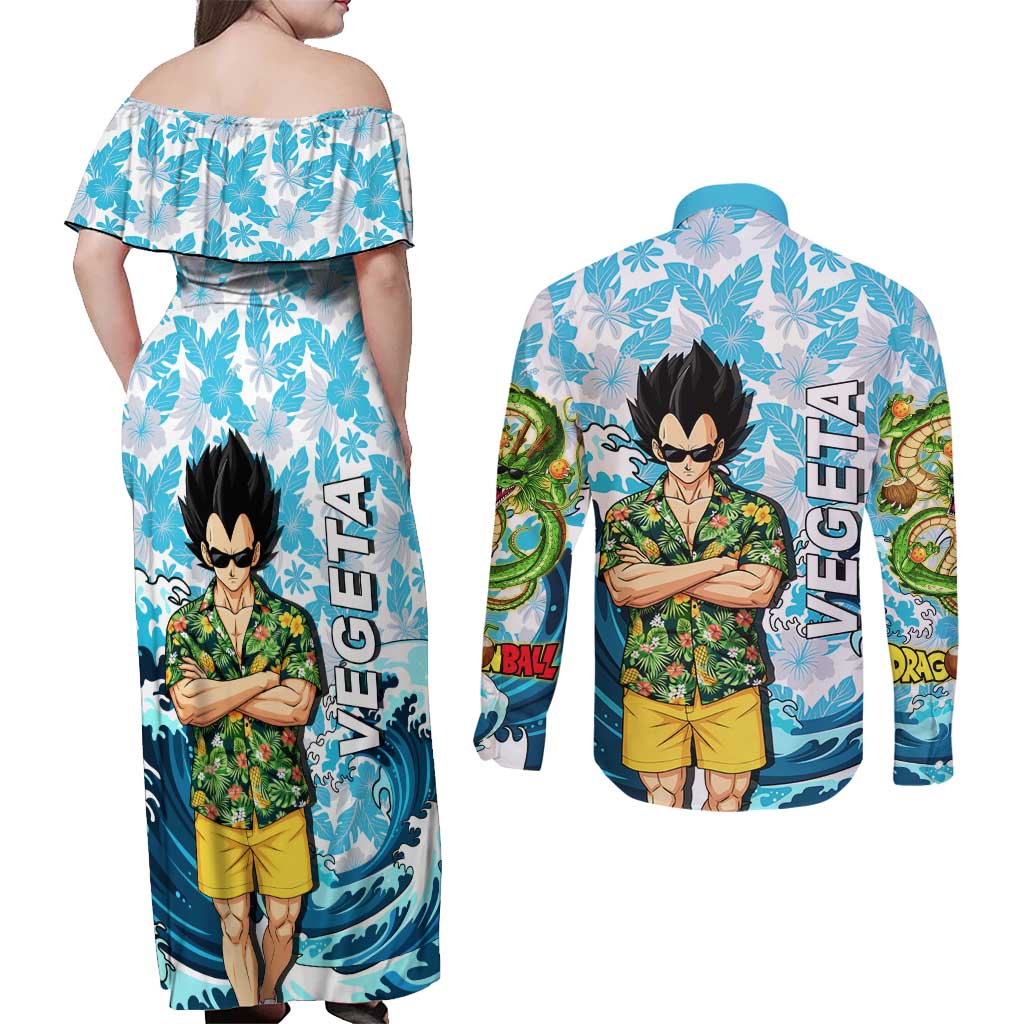 Vegeta Dragon Ball Summer Theme Couples Matching Off Shoulder Maxi Dress and Long Sleeve Button Shirt with Hawaiian Shirt Sunglasses Shenron and Ocean Wave Background - The Mazicc