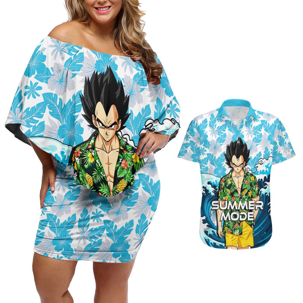 Vegeta Dragon Ball Summer Theme Couples Matching Off Shoulder Short Dress and Hawaiian Shirt with Hawaiian Shirt Sunglasses Shenron and Ocean Wave Background - The Mazicc