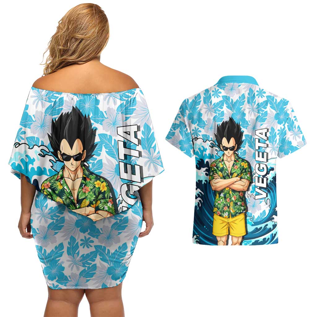 Vegeta Dragon Ball Summer Theme Couples Matching Off Shoulder Short Dress and Hawaiian Shirt with Hawaiian Shirt Sunglasses Shenron and Ocean Wave Background - The Mazicc