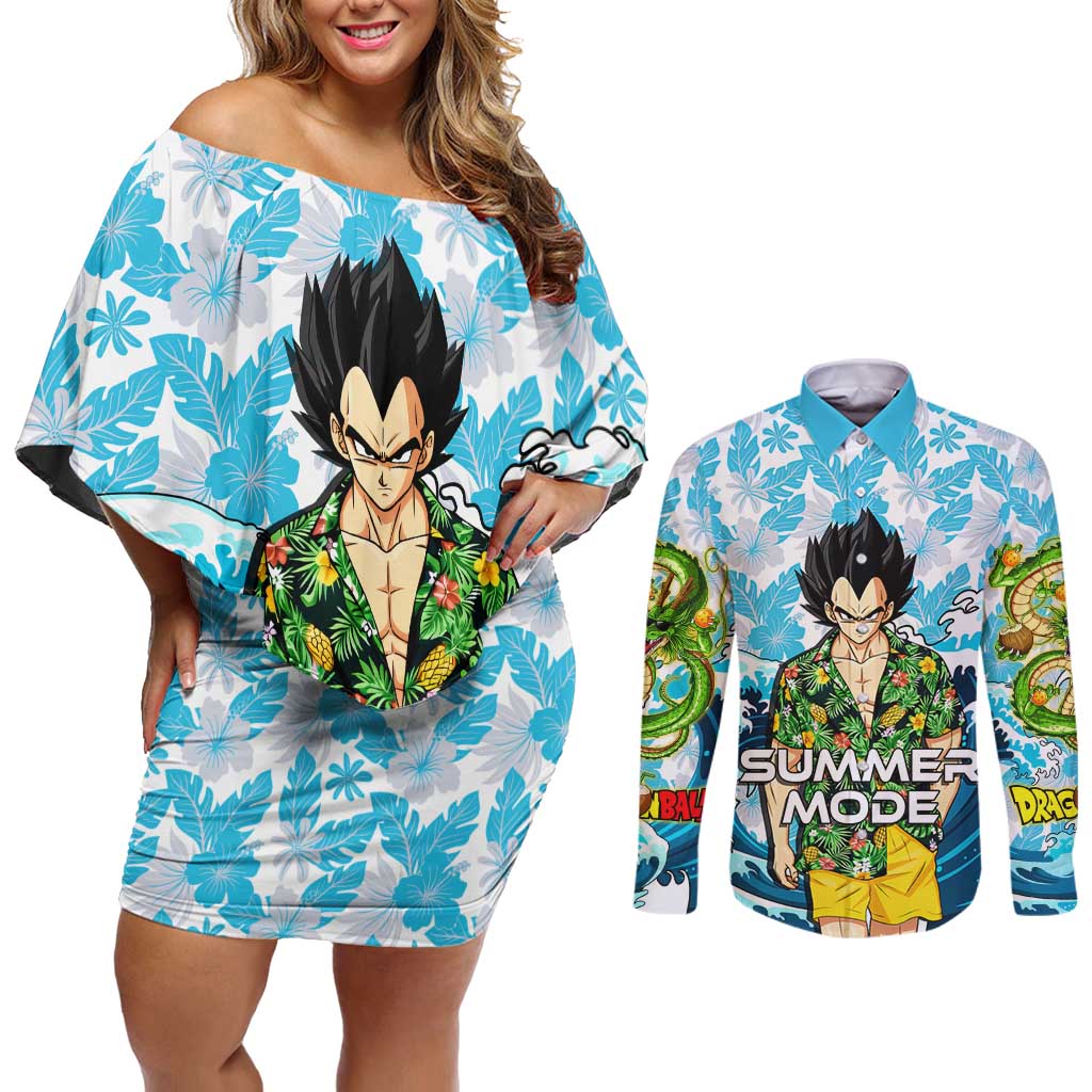 Vegeta Dragon Ball Summer Theme Couples Matching Off Shoulder Short Dress and Long Sleeve Button Shirt with Hawaiian Shirt Sunglasses Shenron and Ocean Wave Background - The Mazicc