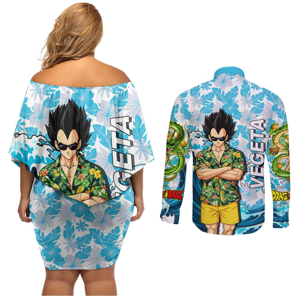 Vegeta Dragon Ball Summer Theme Couples Matching Off Shoulder Short Dress and Long Sleeve Button Shirt with Hawaiian Shirt Sunglasses Shenron and Ocean Wave Background - The Mazicc