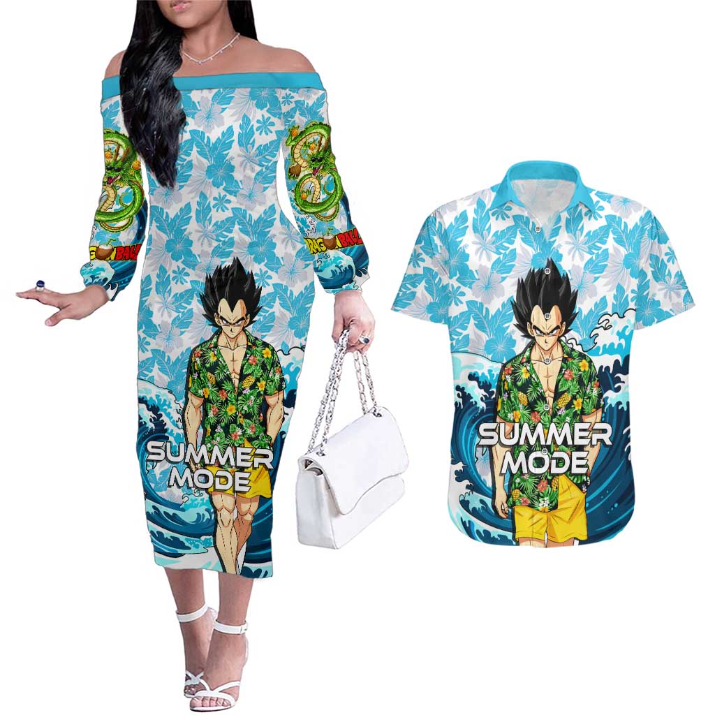 Vegeta Dragon Ball Summer Theme Couples Matching Off The Shoulder Long Sleeve Dress and Hawaiian Shirt with Hawaiian Shirt Sunglasses Shenron and Ocean Wave Background - The Mazicc