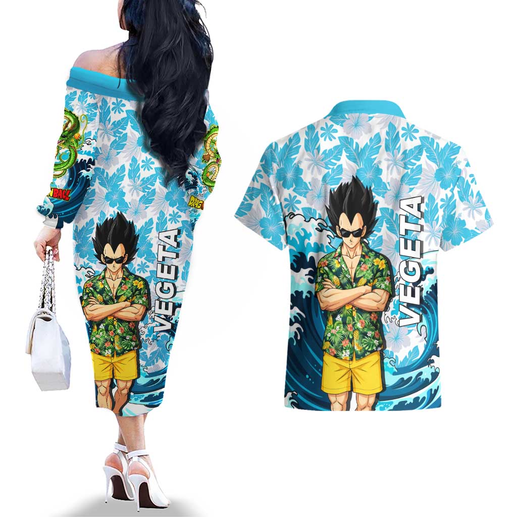 Vegeta Dragon Ball Summer Theme Couples Matching Off The Shoulder Long Sleeve Dress and Hawaiian Shirt with Hawaiian Shirt Sunglasses Shenron and Ocean Wave Background - The Mazicc