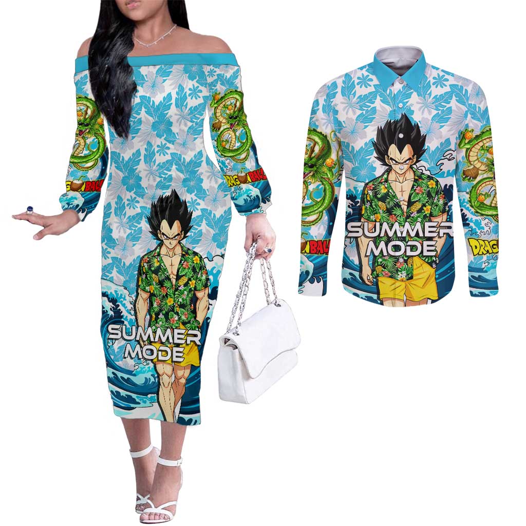 Vegeta Dragon Ball Summer Theme Couples Matching Off The Shoulder Long Sleeve Dress and Long Sleeve Button Shirt with Hawaiian Shirt Sunglasses Shenron and Ocean Wave Background - The Mazicc