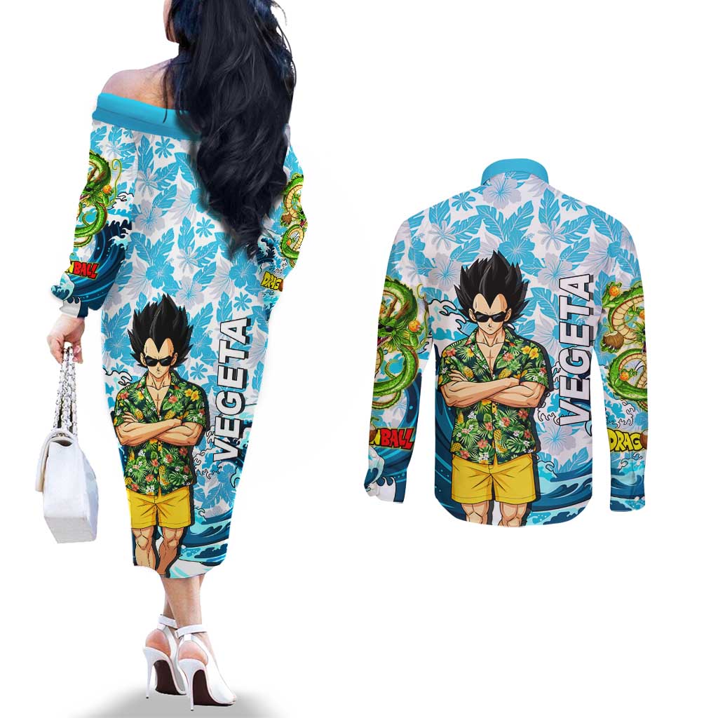 Vegeta Dragon Ball Summer Theme Couples Matching Off The Shoulder Long Sleeve Dress and Long Sleeve Button Shirt with Hawaiian Shirt Sunglasses Shenron and Ocean Wave Background - The Mazicc