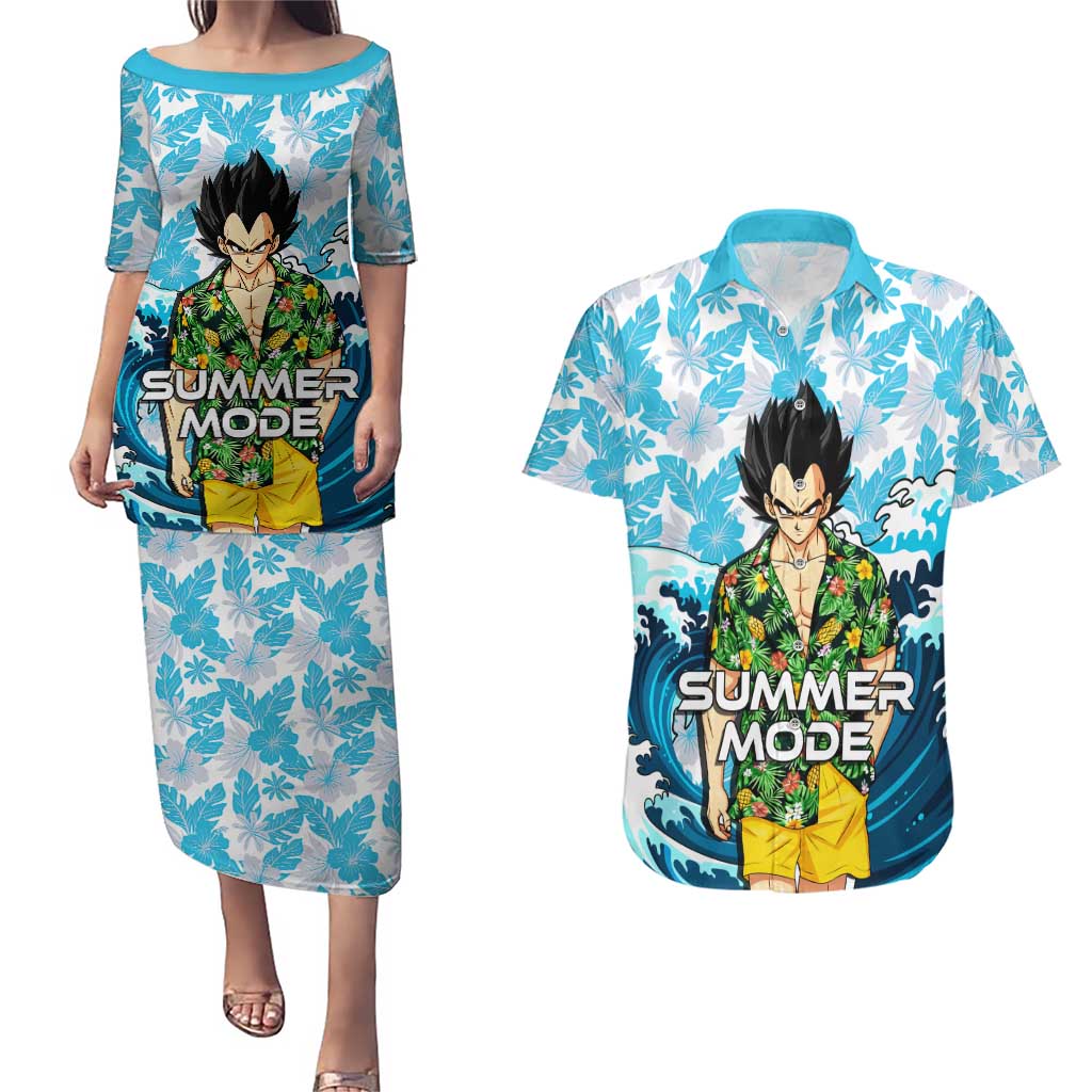 Vegeta Dragon Ball Summer Theme Couples Matching Puletasi and Hawaiian Shirt with Hawaiian Shirt Sunglasses Shenron and Ocean Wave Background - The Mazicc
