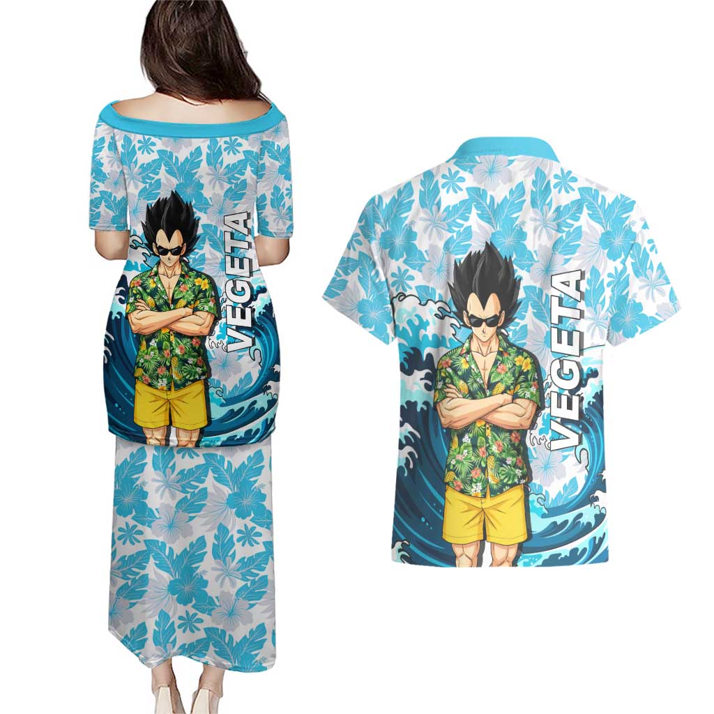 Vegeta Dragon Ball Summer Theme Couples Matching Puletasi and Hawaiian Shirt with Hawaiian Shirt Sunglasses Shenron and Ocean Wave Background - The Mazicc