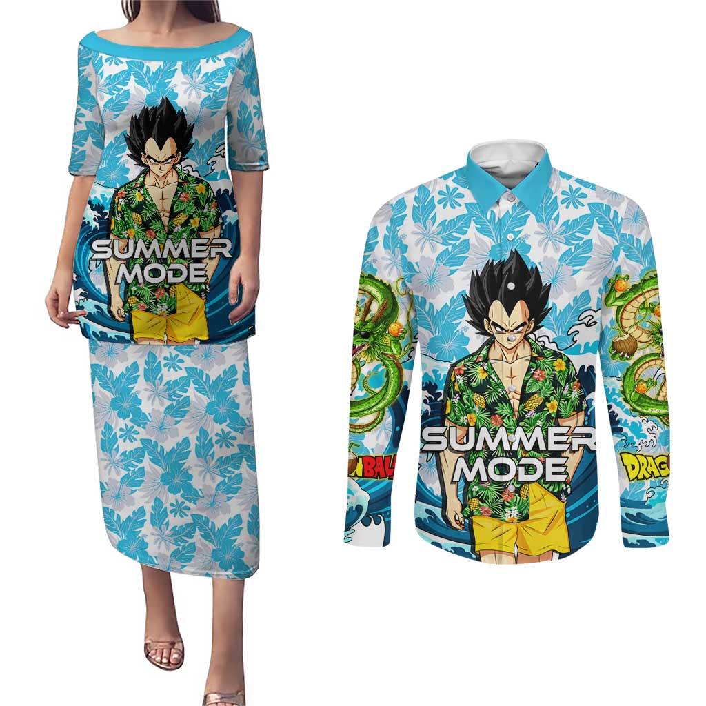 Vegeta Dragon Ball Summer Theme Couples Matching Puletasi and Long Sleeve Button Shirt with Hawaiian Shirt Sunglasses Shenron and Ocean Wave Background - The Mazicc