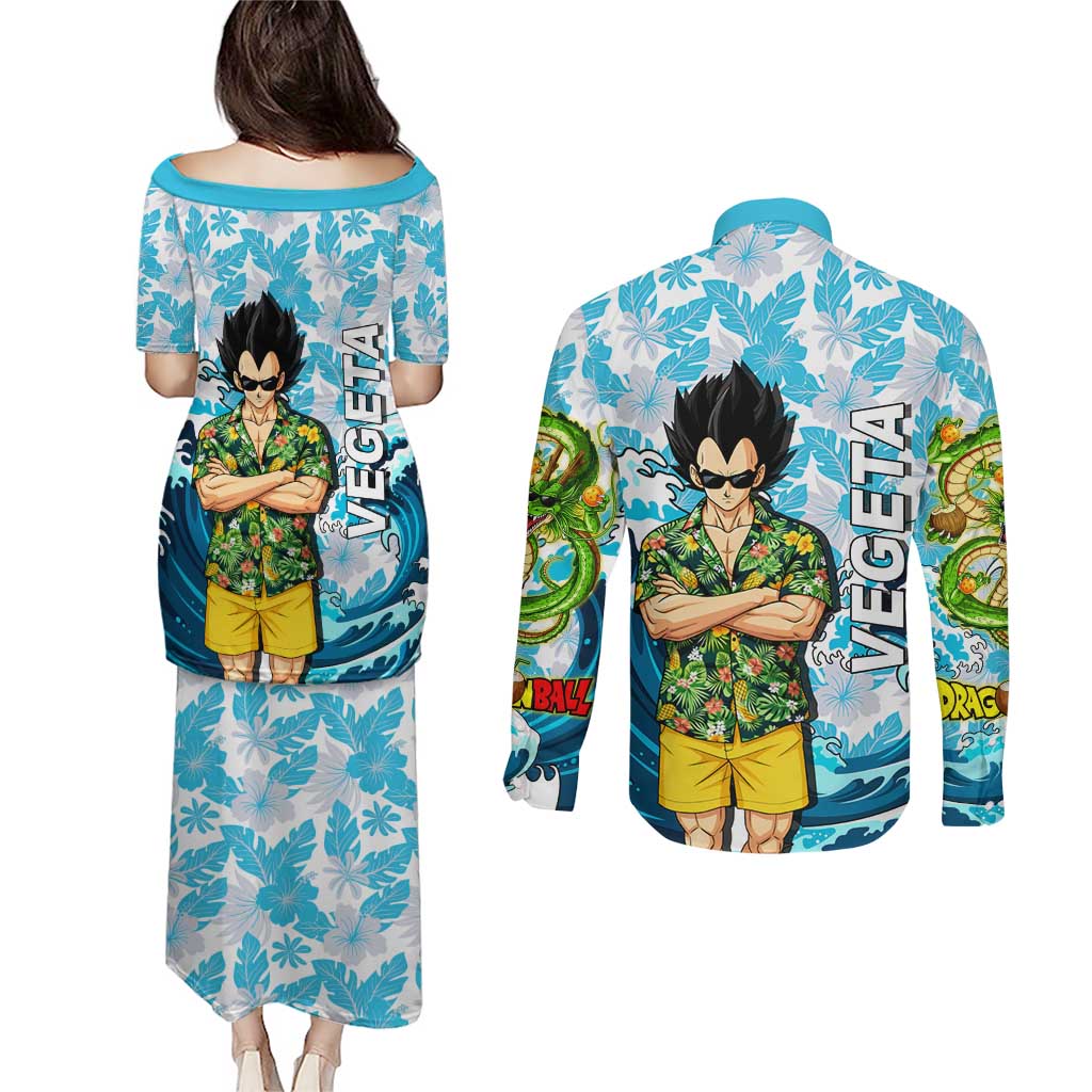 Vegeta Dragon Ball Summer Theme Couples Matching Puletasi and Long Sleeve Button Shirt with Hawaiian Shirt Sunglasses Shenron and Ocean Wave Background - The Mazicc