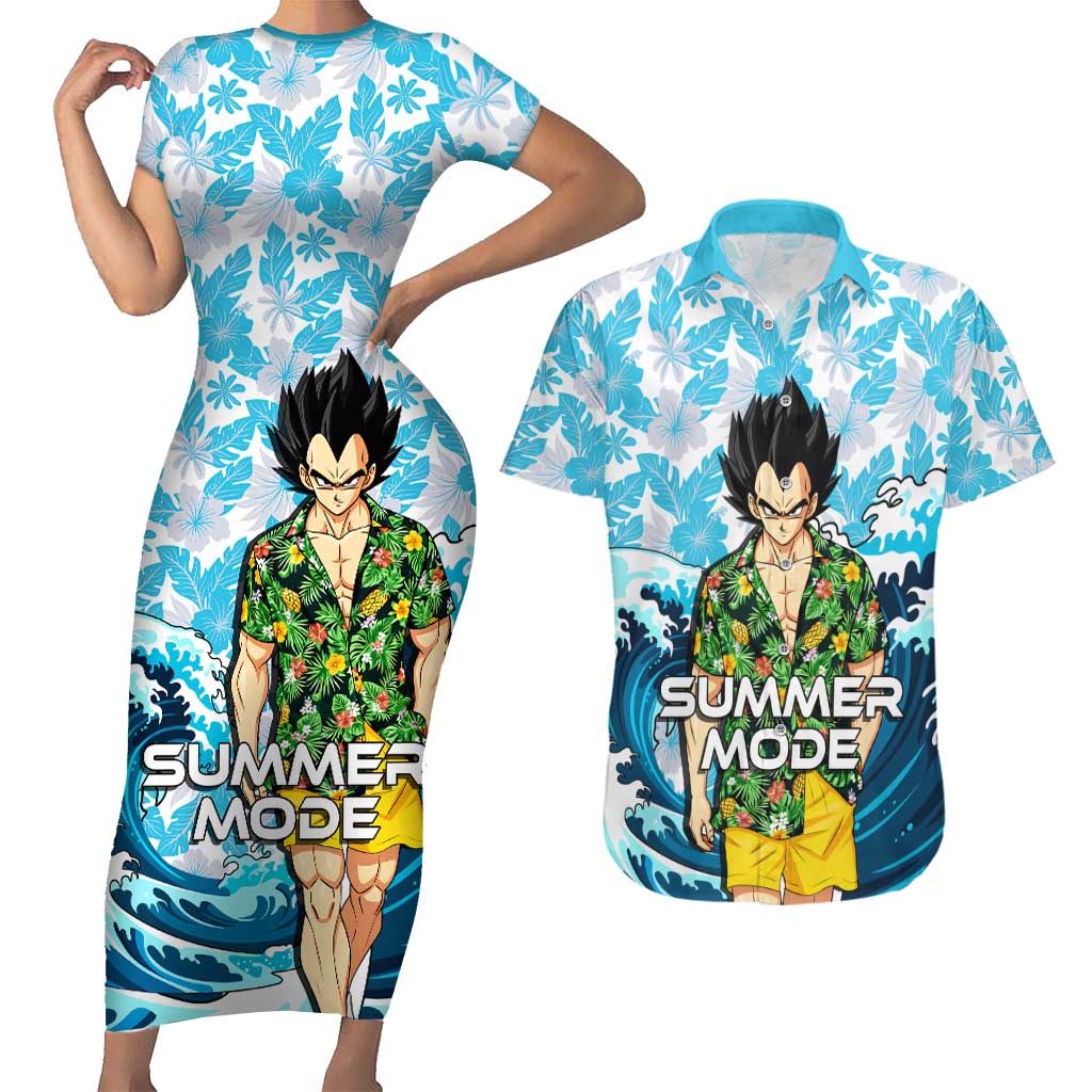 Vegeta Dragon Ball Summer Theme Couples Matching Short Sleeve Bodycon Dress and Hawaiian Shirt with Hawaiian Shirt Sunglasses Shenron and Ocean Wave Background - The Mazicc