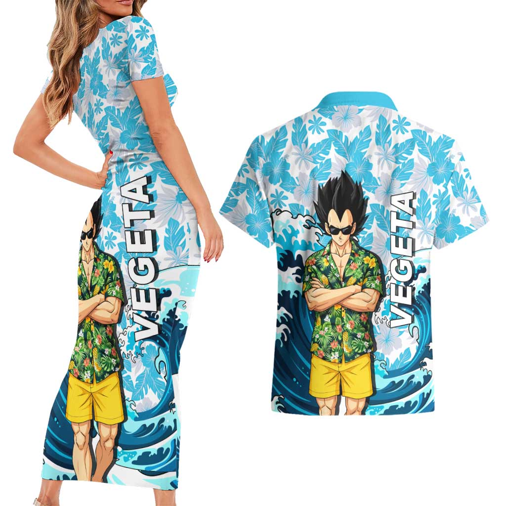 Vegeta Dragon Ball Summer Theme Couples Matching Short Sleeve Bodycon Dress and Hawaiian Shirt with Hawaiian Shirt Sunglasses Shenron and Ocean Wave Background - The Mazicc
