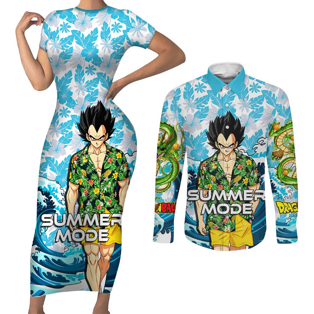 Vegeta Dragon Ball Summer Theme Couples Matching Short Sleeve Bodycon Dress and Long Sleeve Button Shirt with Hawaiian Shirt Sunglasses Shenron and Ocean Wave Background - The Mazicc
