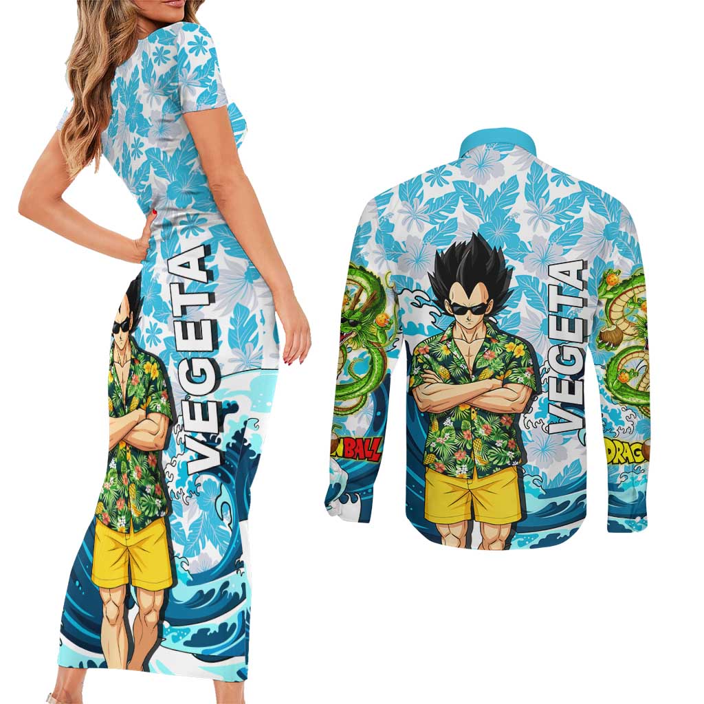 Vegeta Dragon Ball Summer Theme Couples Matching Short Sleeve Bodycon Dress and Long Sleeve Button Shirt with Hawaiian Shirt Sunglasses Shenron and Ocean Wave Background - The Mazicc