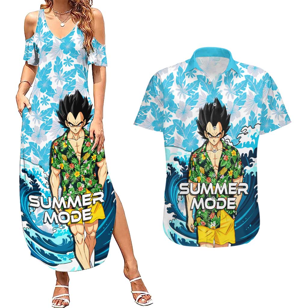 Vegeta Dragon Ball Summer Theme Couples Matching Summer Maxi Dress and Hawaiian Shirt with Hawaiian Shirt Sunglasses Shenron and Ocean Wave Background - The Mazicc
