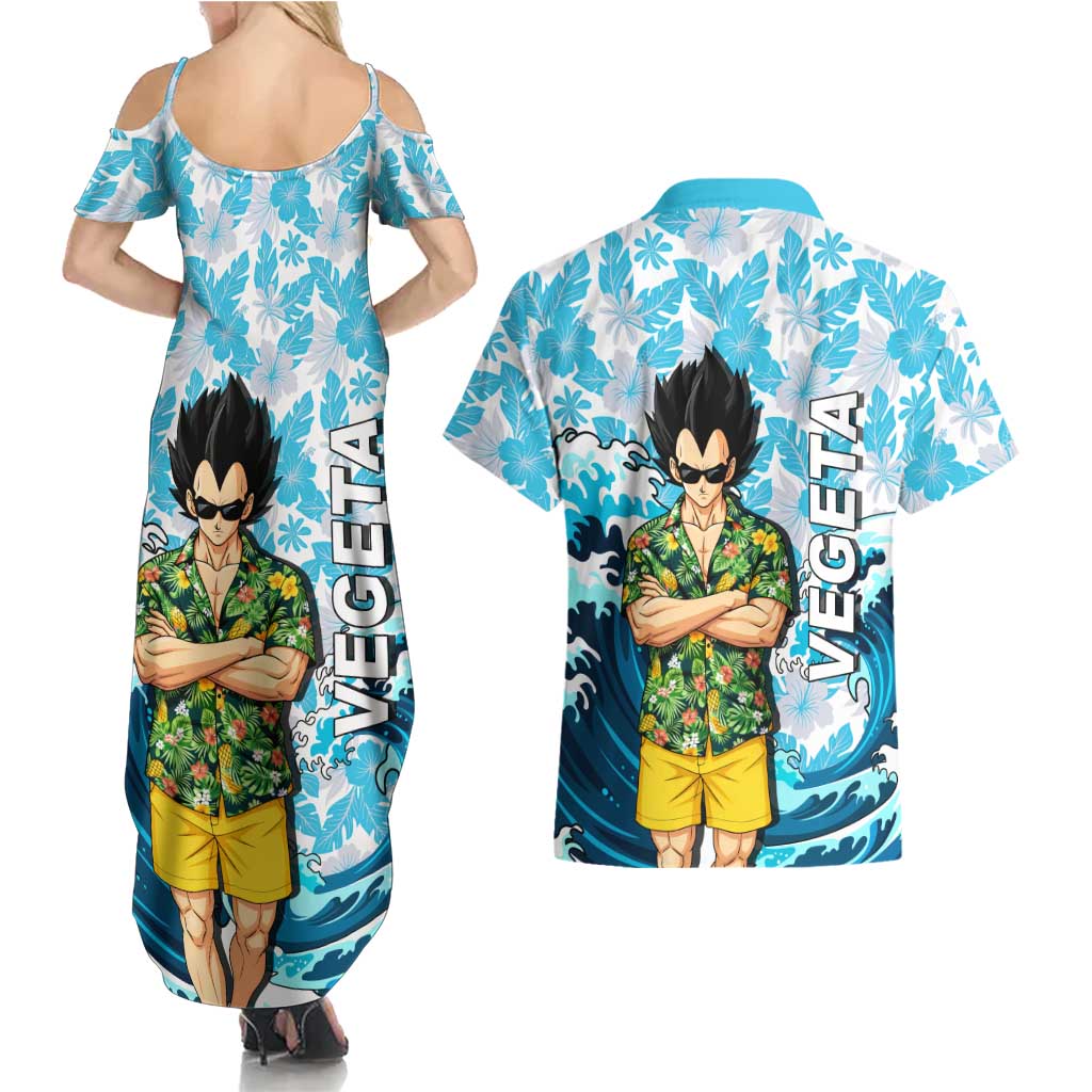 Vegeta Dragon Ball Summer Theme Couples Matching Summer Maxi Dress and Hawaiian Shirt with Hawaiian Shirt Sunglasses Shenron and Ocean Wave Background - The Mazicc