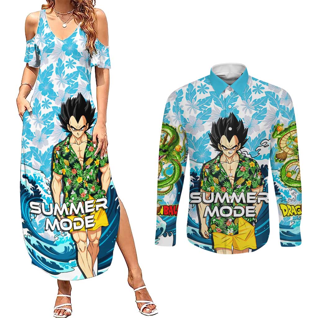 Vegeta Dragon Ball Summer Theme Couples Matching Summer Maxi Dress and Long Sleeve Button Shirt with Hawaiian Shirt Sunglasses Shenron and Ocean Wave Background - The Mazicc