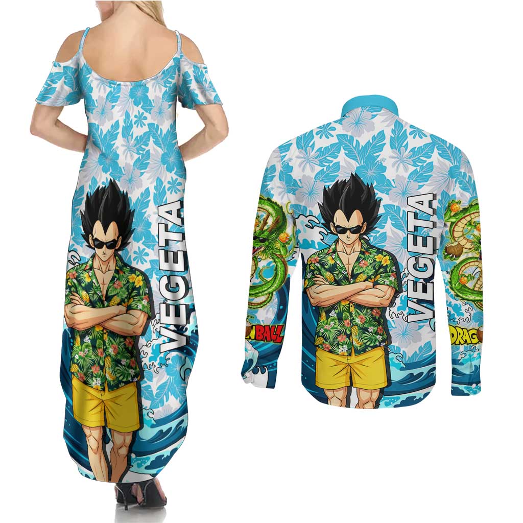 Vegeta Dragon Ball Summer Theme Couples Matching Summer Maxi Dress and Long Sleeve Button Shirt with Hawaiian Shirt Sunglasses Shenron and Ocean Wave Background - The Mazicc