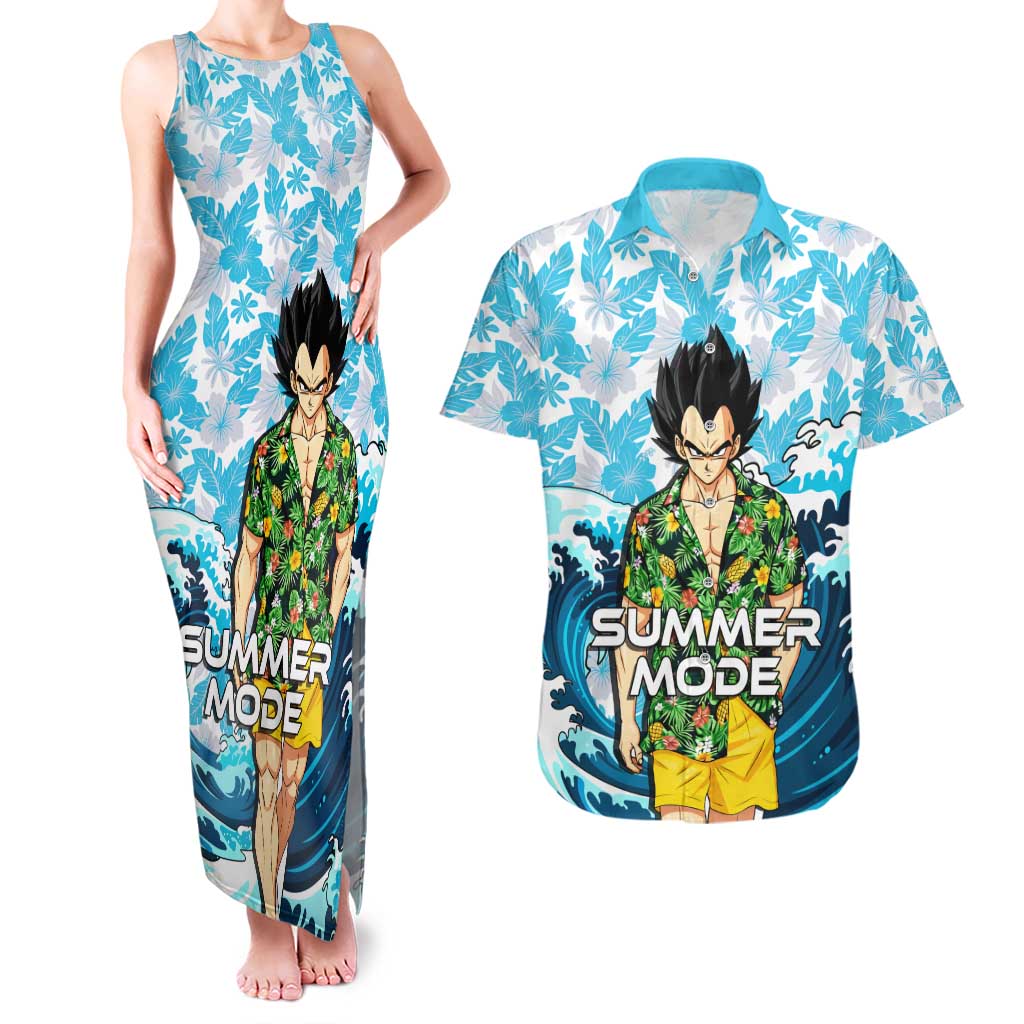Vegeta Dragon Ball Summer Theme Couples Matching Tank Maxi Dress and Hawaiian Shirt with Hawaiian Shirt Sunglasses Shenron and Ocean Wave Background - The Mazicc