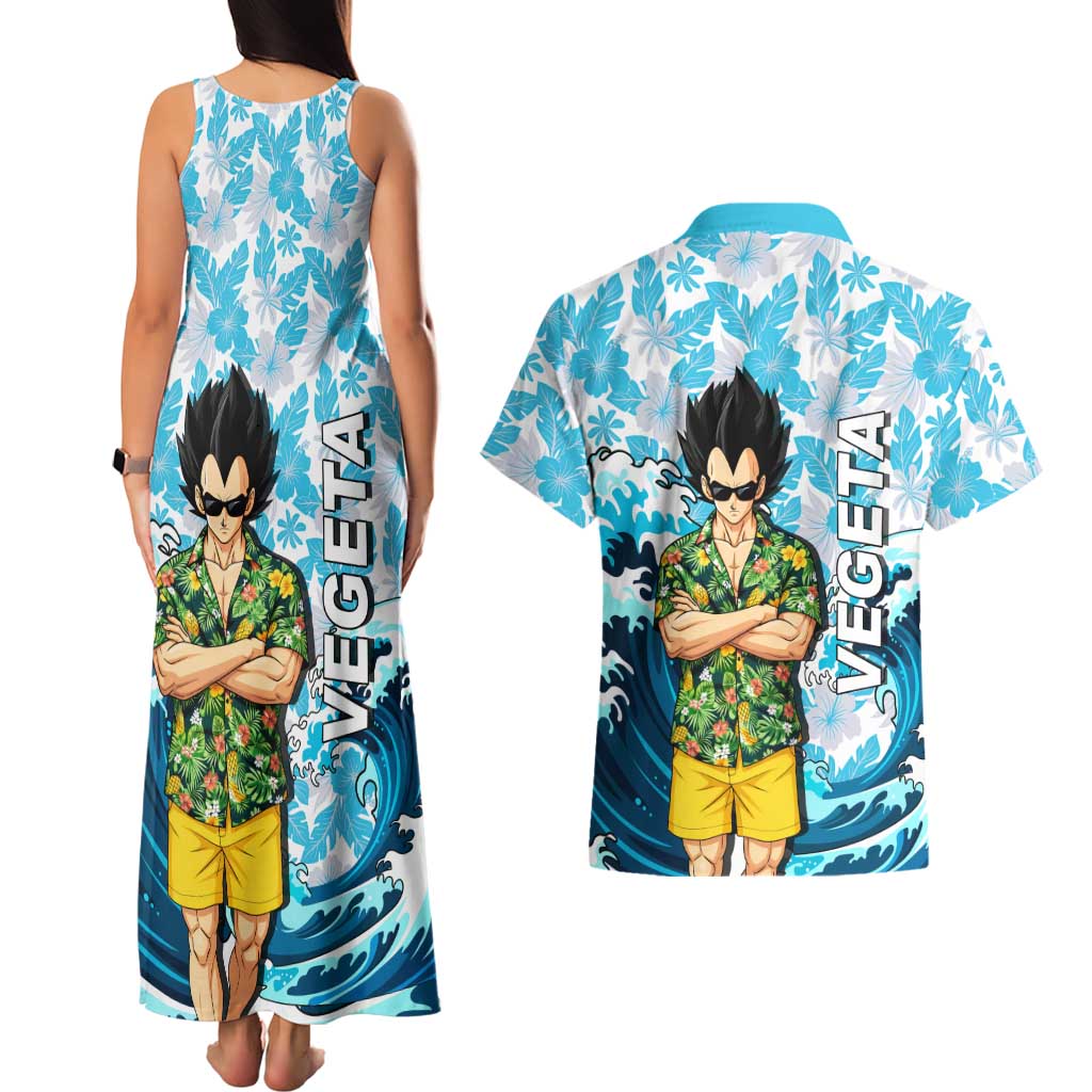 Vegeta Dragon Ball Summer Theme Couples Matching Tank Maxi Dress and Hawaiian Shirt with Hawaiian Shirt Sunglasses Shenron and Ocean Wave Background - The Mazicc