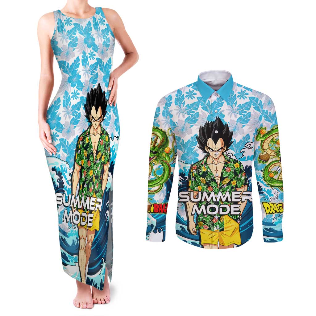 Vegeta Dragon Ball Summer Theme Couples Matching Tank Maxi Dress and Long Sleeve Button Shirt with Hawaiian Shirt Sunglasses Shenron and Ocean Wave Background - The Mazicc