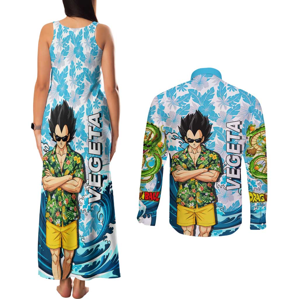 Vegeta Dragon Ball Summer Theme Couples Matching Tank Maxi Dress and Long Sleeve Button Shirt with Hawaiian Shirt Sunglasses Shenron and Ocean Wave Background - The Mazicc