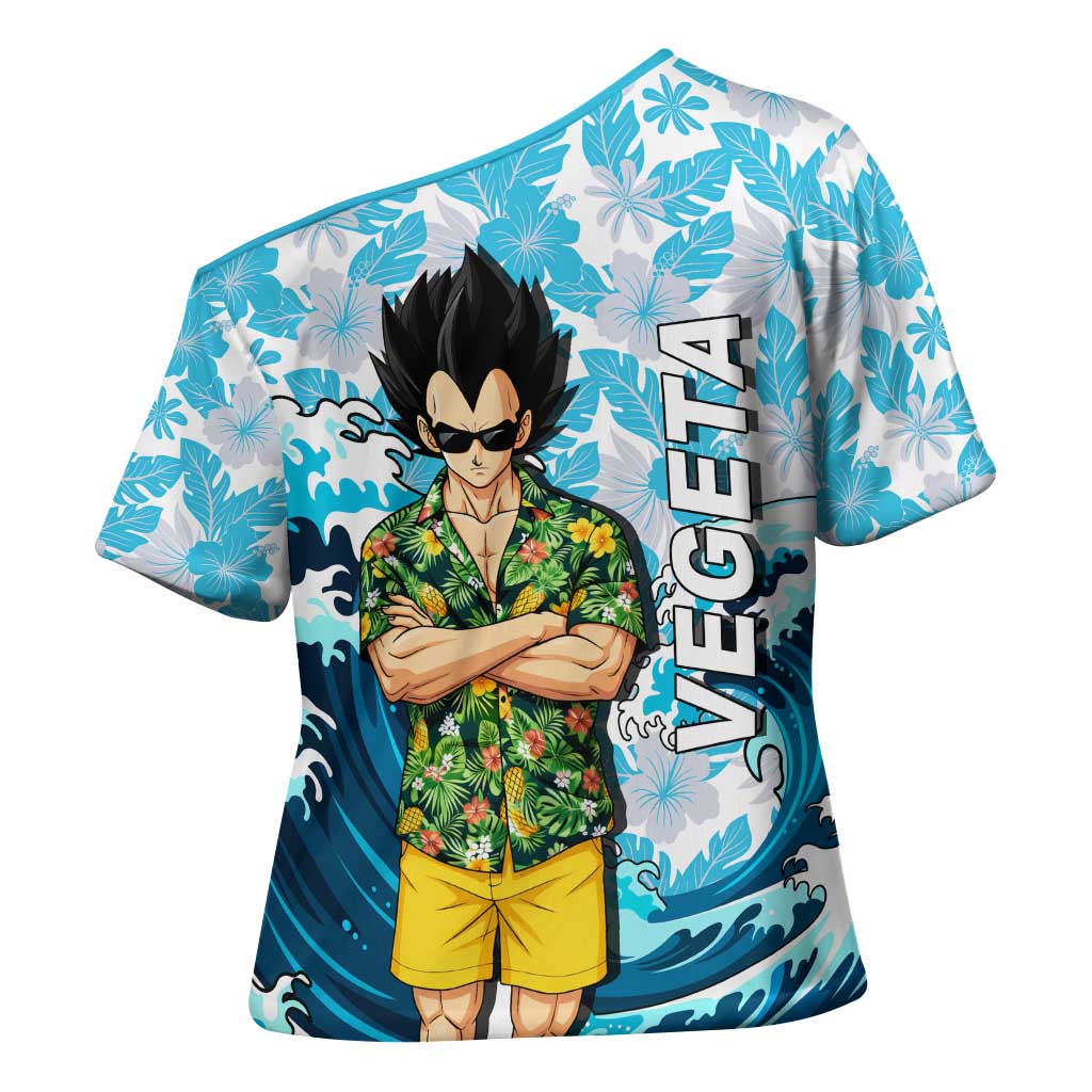 Vegeta Dragon Ball Summer Theme Cross Shoulder Shirt with Hawaiian Shirt Sunglasses Shenron and Ocean Wave Background - The Mazicc