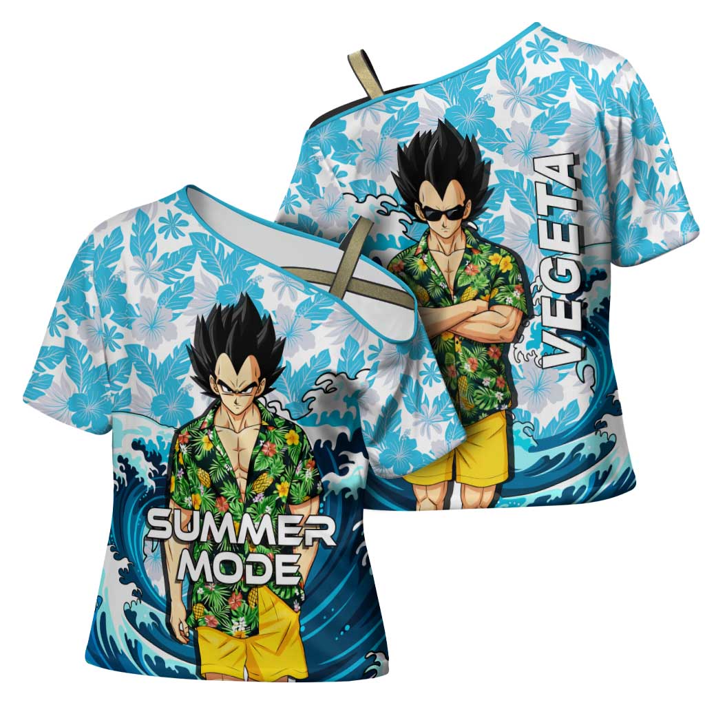 Vegeta Dragon Ball Summer Theme Cross Shoulder Shirt with Hawaiian Shirt Sunglasses Shenron and Ocean Wave Background - The Mazicc