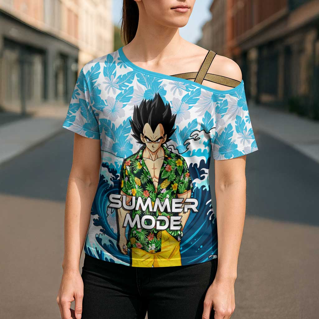 Vegeta Dragon Ball Summer Theme Cross Shoulder Shirt with Hawaiian Shirt Sunglasses Shenron and Ocean Wave Background - The Mazicc