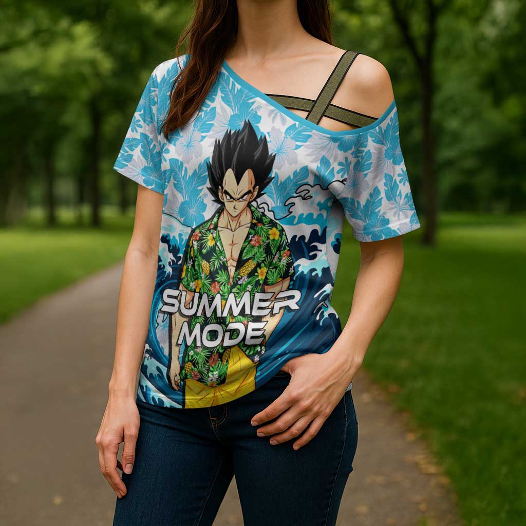 Vegeta Dragon Ball Summer Theme Cross Shoulder Shirt with Hawaiian Shirt Sunglasses Shenron and Ocean Wave Background - The Mazicc