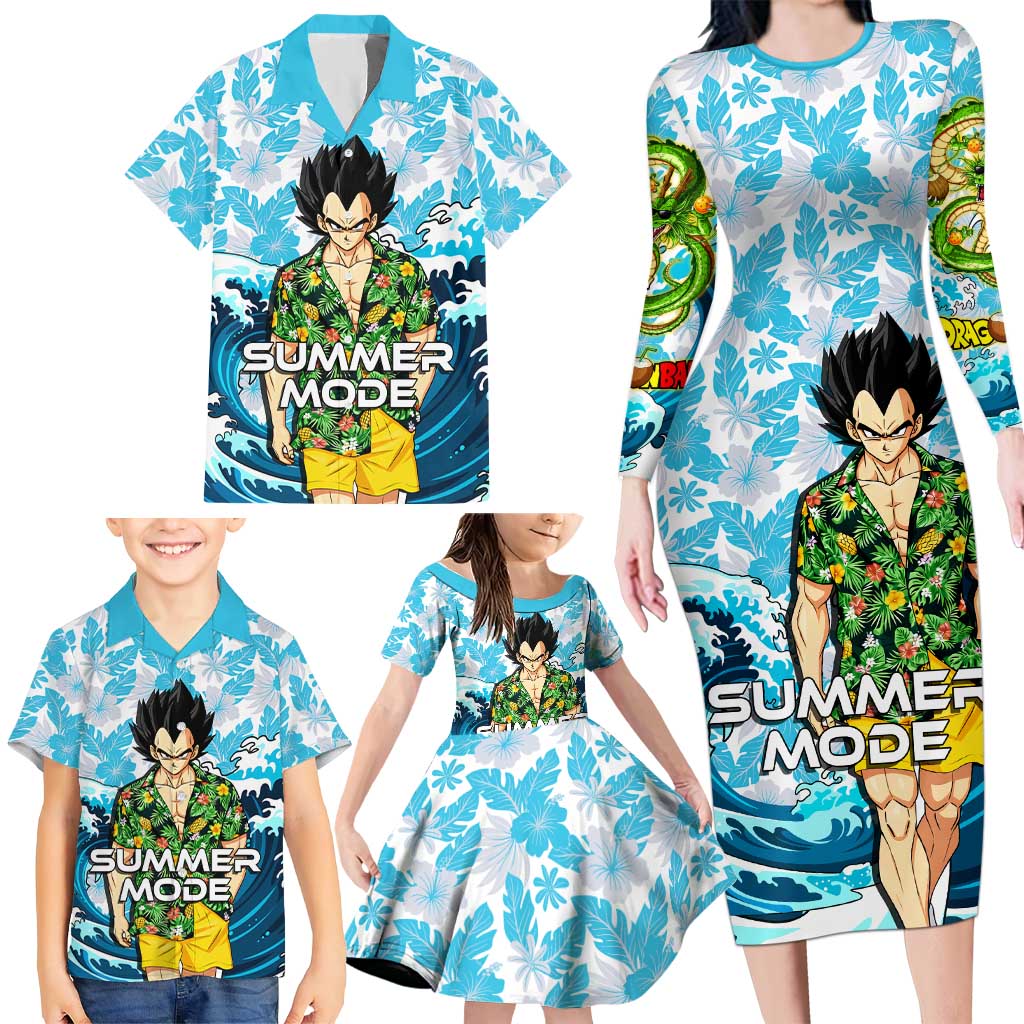Vegeta Dragon Ball Summer Theme Family Matching Long Sleeve Bodycon Dress and Hawaiian Shirt with Hawaiian Shirt Sunglasses Shenron and Ocean Wave Background