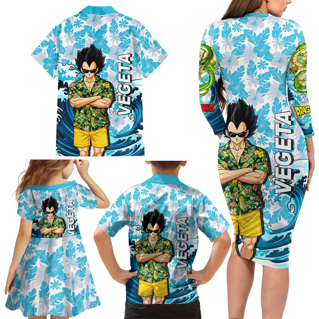 Vegeta Dragon Ball Summer Theme Family Matching Long Sleeve Bodycon Dress and Hawaiian Shirt with Hawaiian Shirt Sunglasses Shenron and Ocean Wave Background
