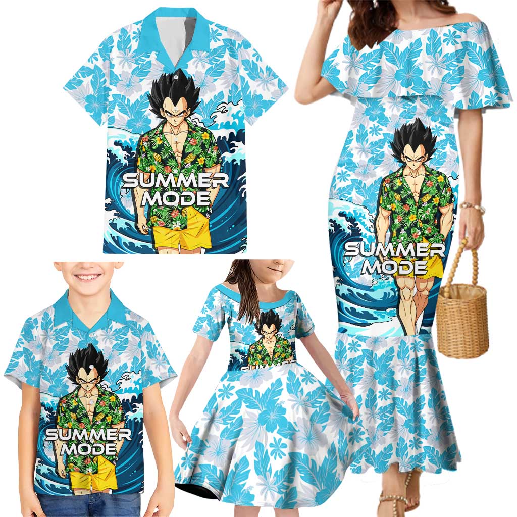 Vegeta Dragon Ball Summer Theme Family Matching Mermaid Dress and Hawaiian Shirt with Hawaiian Shirt Sunglasses Shenron and Ocean Wave Background