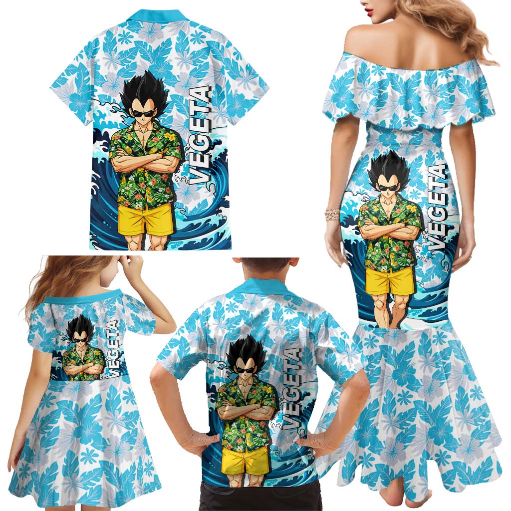 Vegeta Dragon Ball Summer Theme Family Matching Mermaid Dress and Hawaiian Shirt with Hawaiian Shirt Sunglasses Shenron and Ocean Wave Background