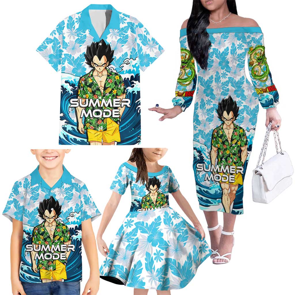 Vegeta Dragon Ball Summer Theme Family Matching Off The Shoulder Long Sleeve Dress and Hawaiian Shirt with Hawaiian Shirt Sunglasses Shenron and Ocean Wave Background