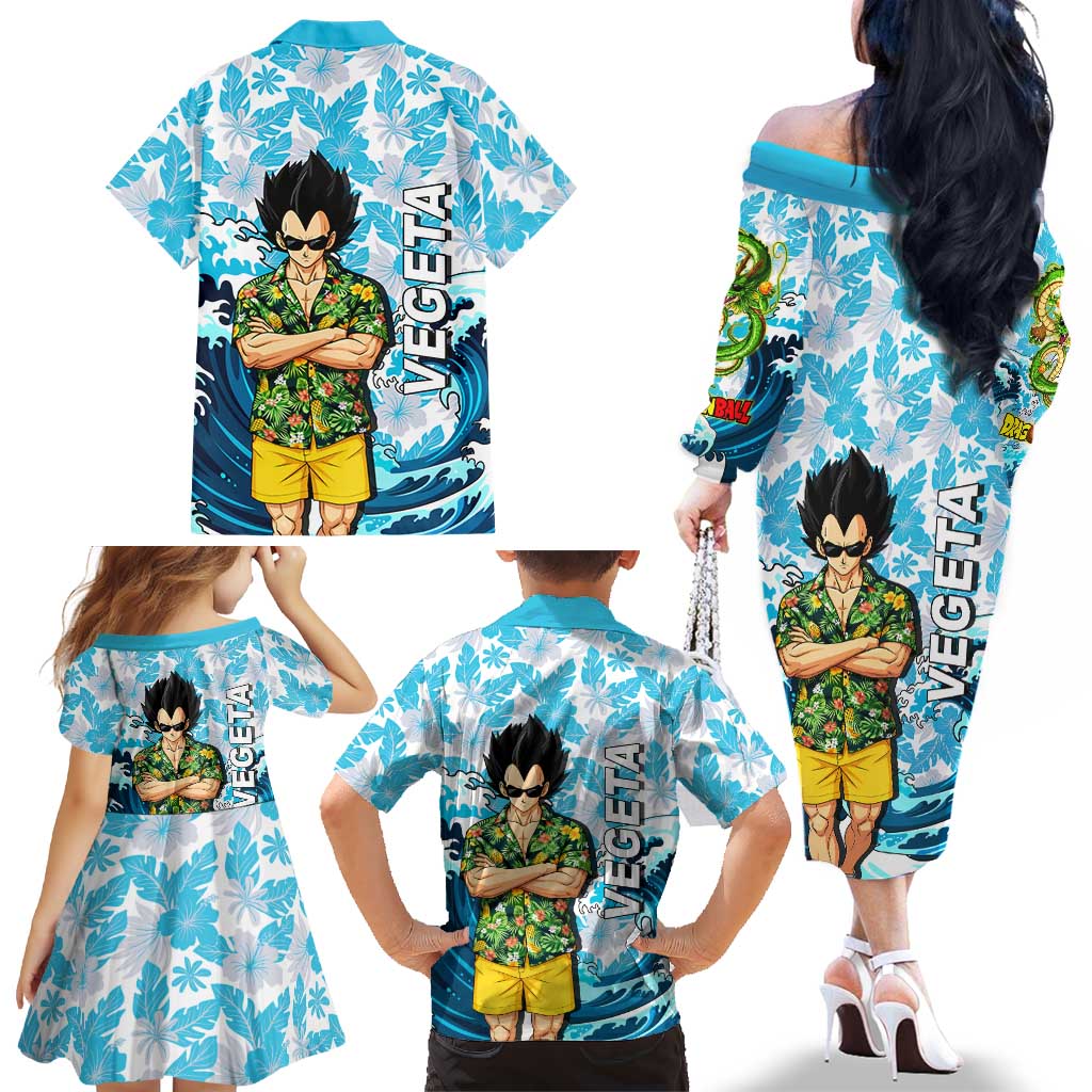 Vegeta Dragon Ball Summer Theme Family Matching Off The Shoulder Long Sleeve Dress and Hawaiian Shirt with Hawaiian Shirt Sunglasses Shenron and Ocean Wave Background