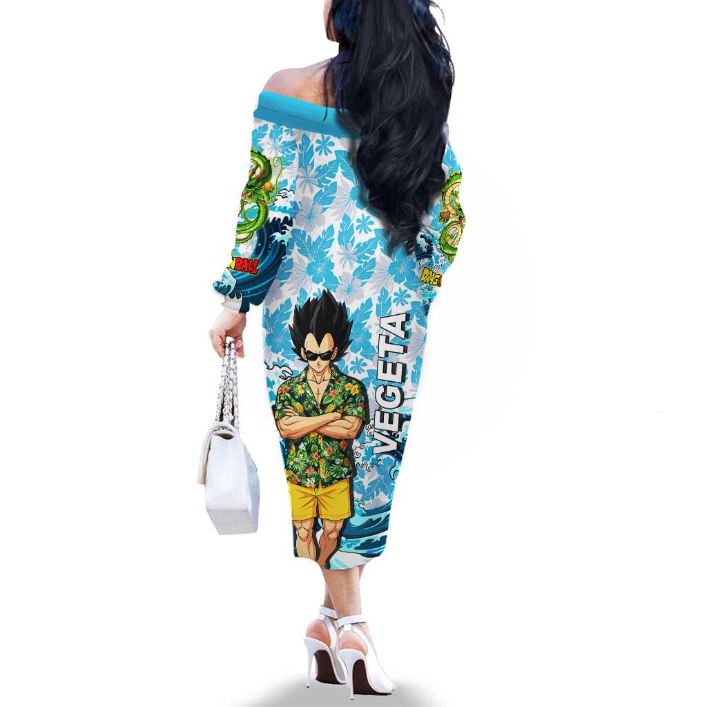 Vegeta Dragon Ball Summer Theme Family Matching Off The Shoulder Long Sleeve Dress and Hawaiian Shirt with Hawaiian Shirt Sunglasses Shenron and Ocean Wave Background