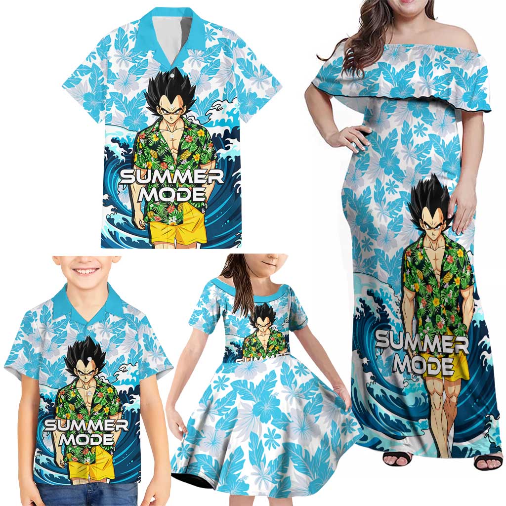 Vegeta Dragon Ball Summer Theme Family Matching Off Shoulder Maxi Dress and Hawaiian Shirt with Hawaiian Shirt Sunglasses Shenron and Ocean Wave Background