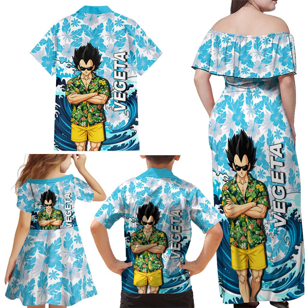Vegeta Dragon Ball Summer Theme Family Matching Off Shoulder Maxi Dress and Hawaiian Shirt with Hawaiian Shirt Sunglasses Shenron and Ocean Wave Background